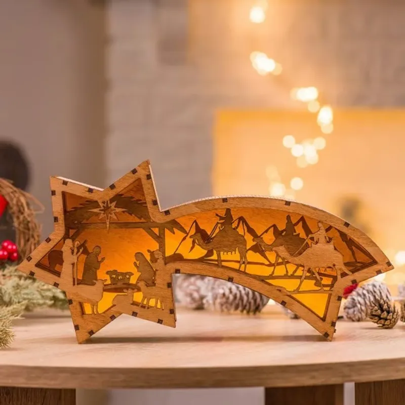 🎅LED Wooden Christmas Ornaments Nativity Scene Star Shaped Desk Lamp🌟 - Image 3
